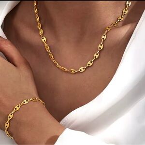 Gold Pig nose, puffed coffee bean, Gucci chain link necklace & bracelet set